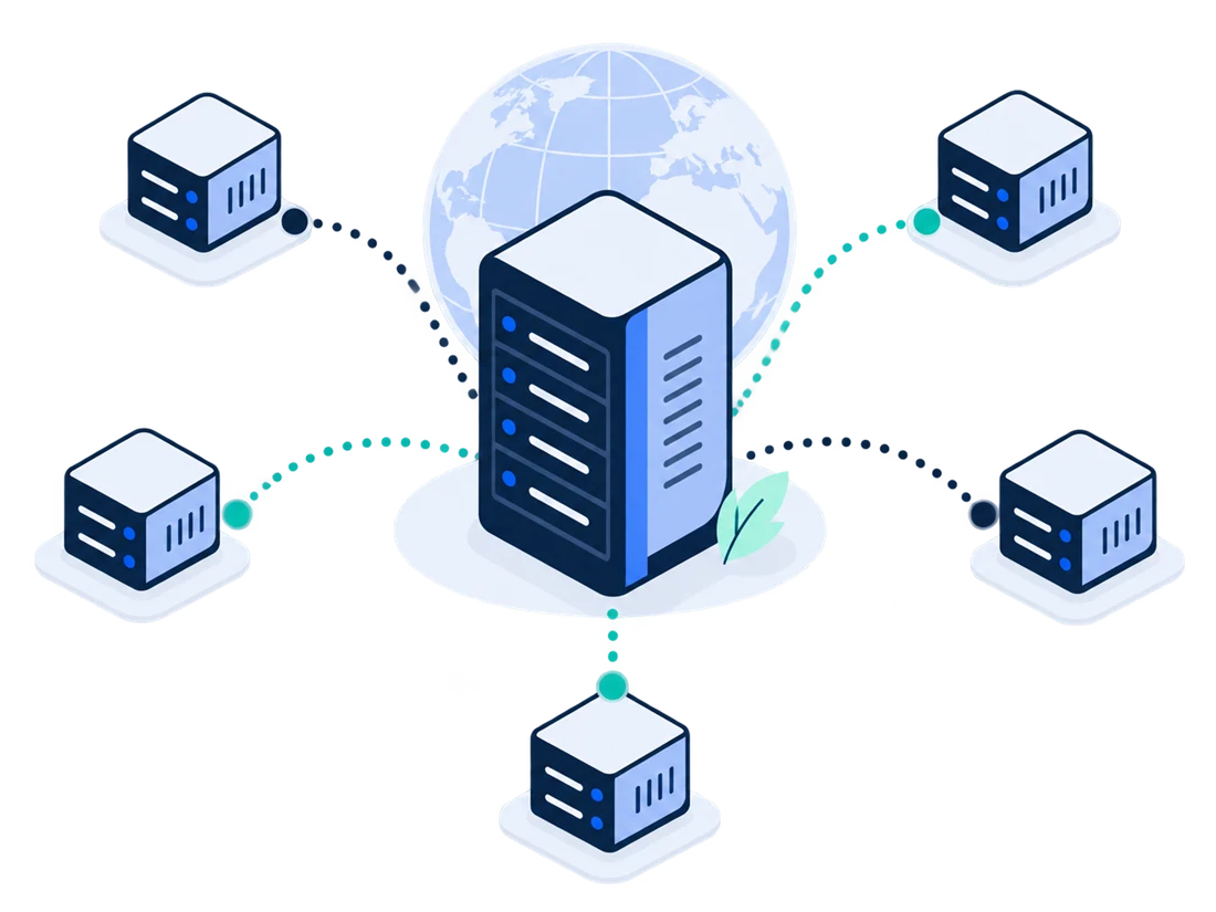 An origin server connected by dotted lines to smaller edge servers around a globe