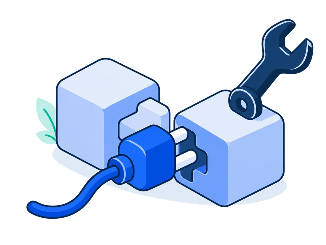 A plug and a wrench joining two blocks