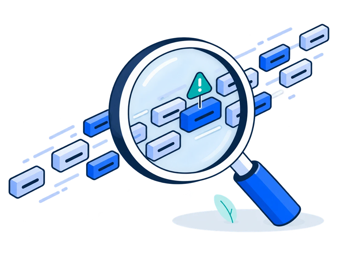 A magnifying glass over a stream of packets with one flagged