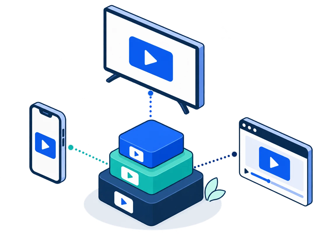 Isometric stack of three delivery layers connected to a phone, a TV and a video player