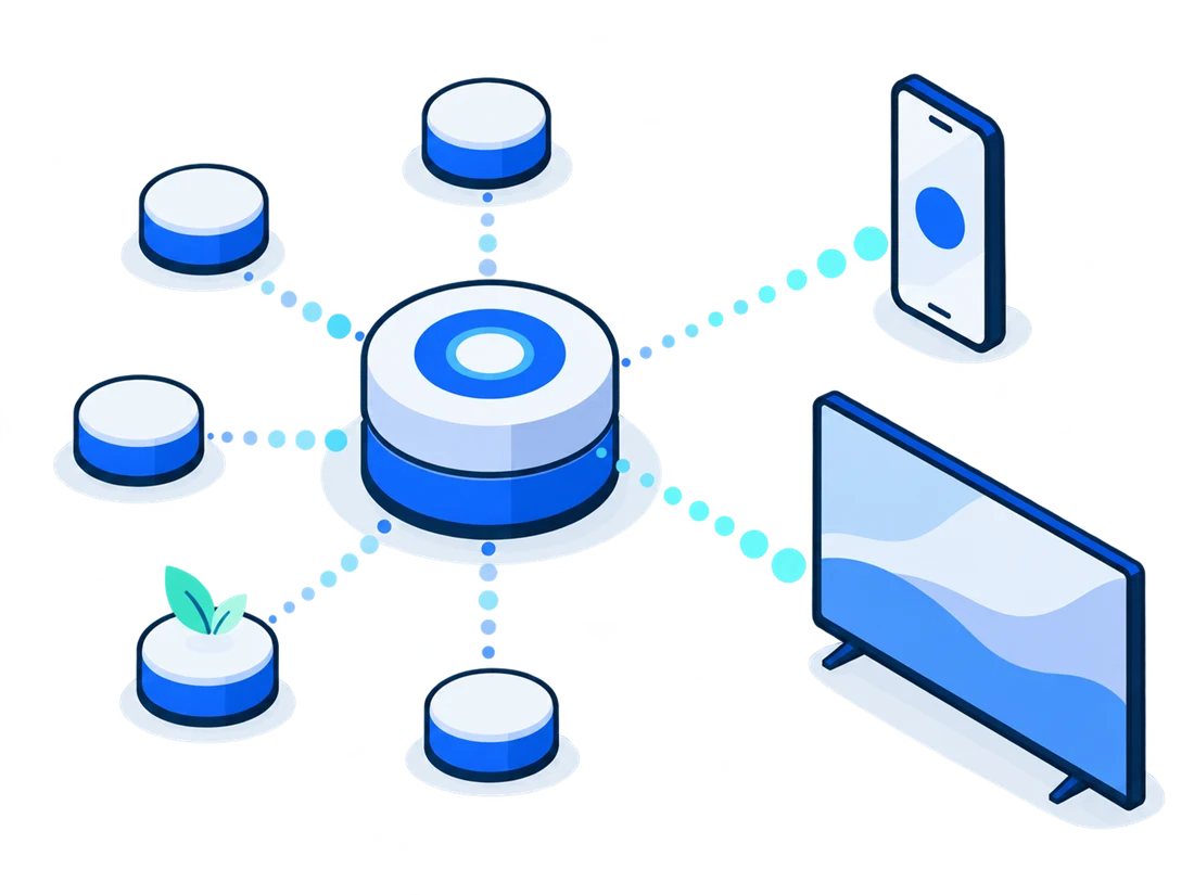 A large hub node and smaller nodes sending light to a phone and a TV
