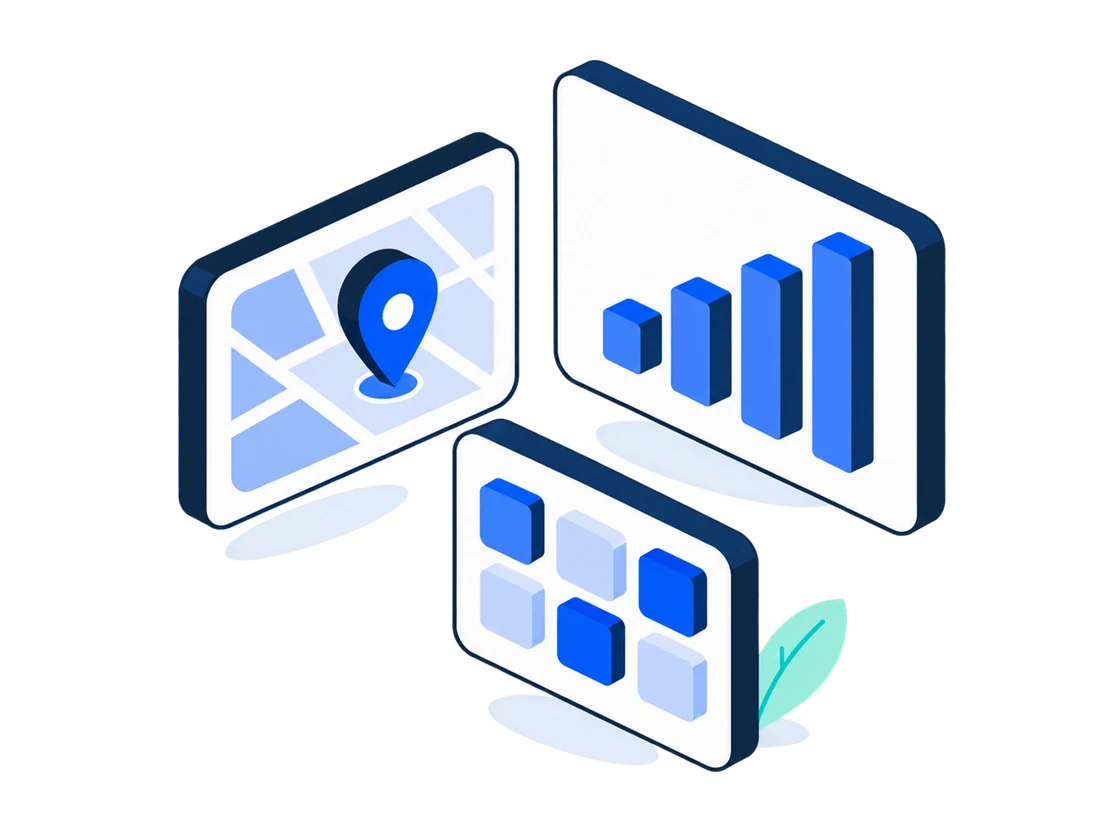 Dashboard cards with a map pin, a bar chart and an app icon grid