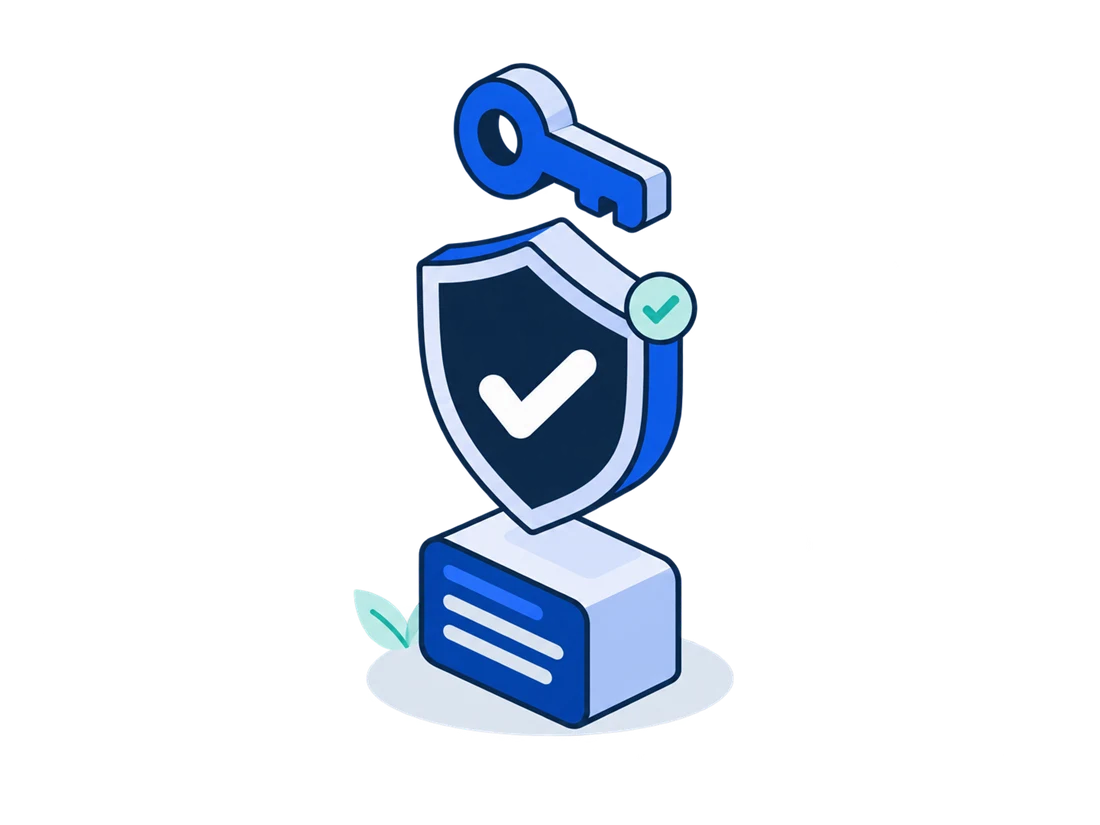 A shield with a check mark and a key above a data packet