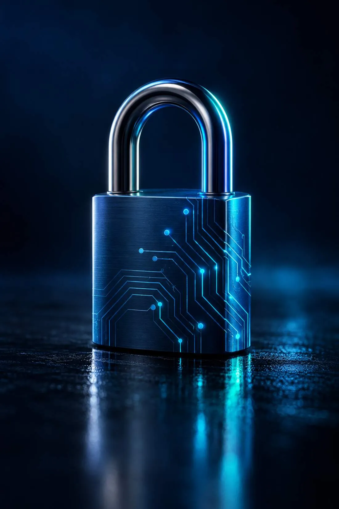 A navy metal padlock with a glowing circuit pattern on a dark reflective surface